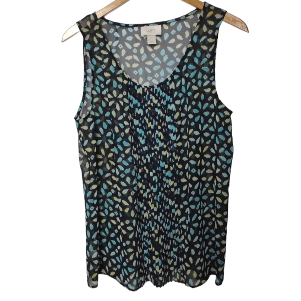 Loft Sheer Scoop Neck Geometric Floral Pintuck Pleated Sleeveless Top Blue Small